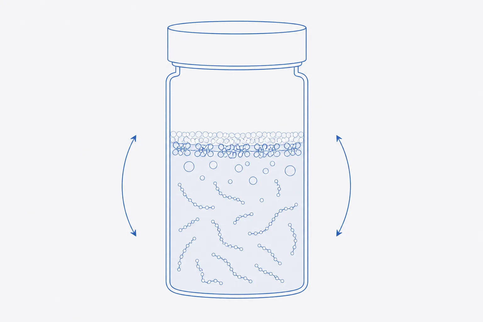 Flat technical cross-section of a closed vial partly filled with liquid, with small bubbles and a thin layer of foam beneath the liquid surface, and short chain-like shapes lying along the boundary between liquid and air, some straight and some folded
