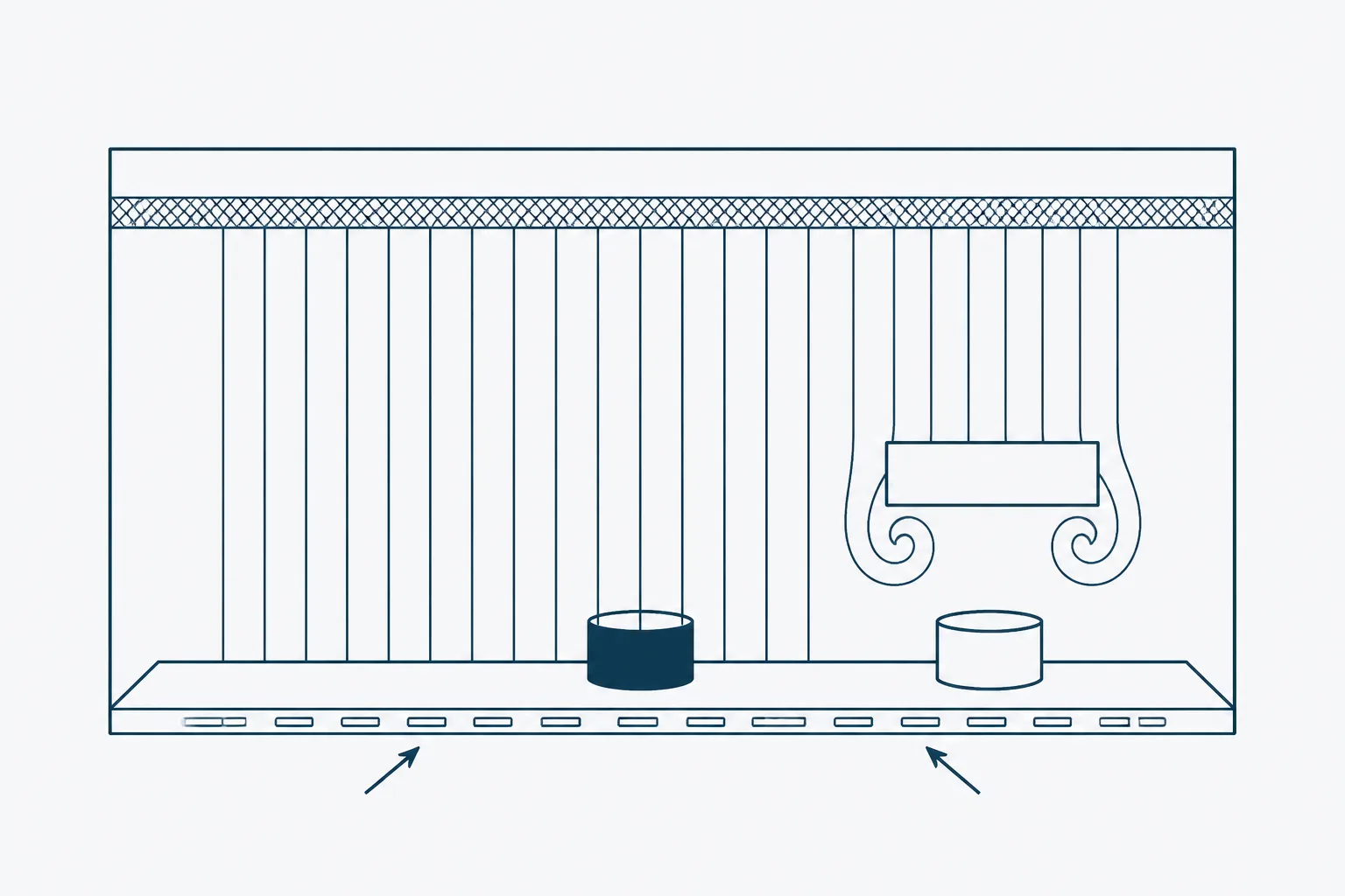 Abstract cross-section of a cabinet work zone showing downward parallel airflow lines from a filter band at the top, an unbroken column of air reaching an open vessel at the centre of the work surface, and a second vessel whose air column is interrupted by an object placed upstream of it