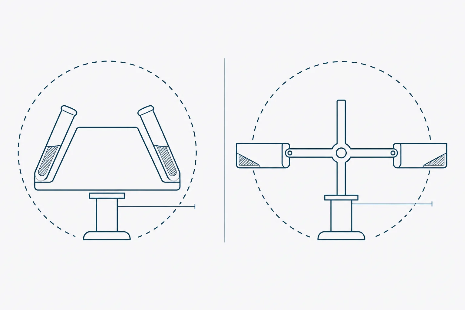 Abstract diagram comparing a fixed-angle rotor and a swing-out rotor in section, with radius lines drawn from the spindle to the tube base and a sedimented pellet indicated at the tube wall and tube base respectively