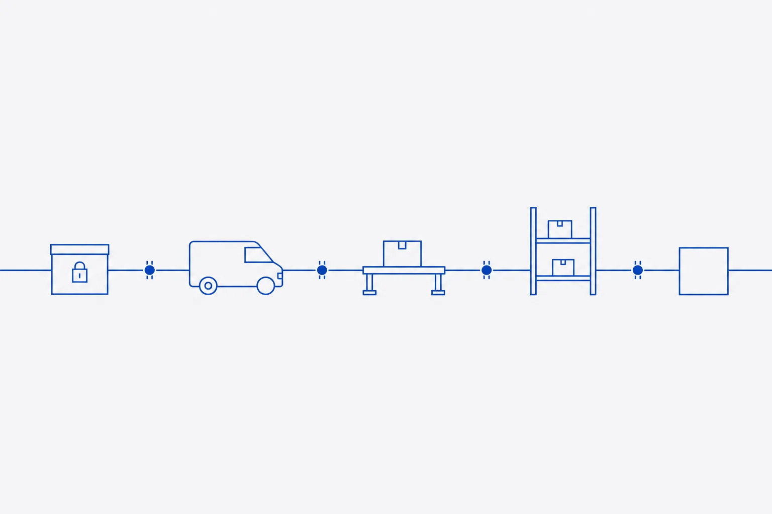 Flat schematic of a horizontal chain of five linked stations — a sealed box, a vehicle outline, a receiving bench, a shelf and a closing square — joined by a single line, with a small padlock-shaped seal marker on the box and a short tick mark at each junction