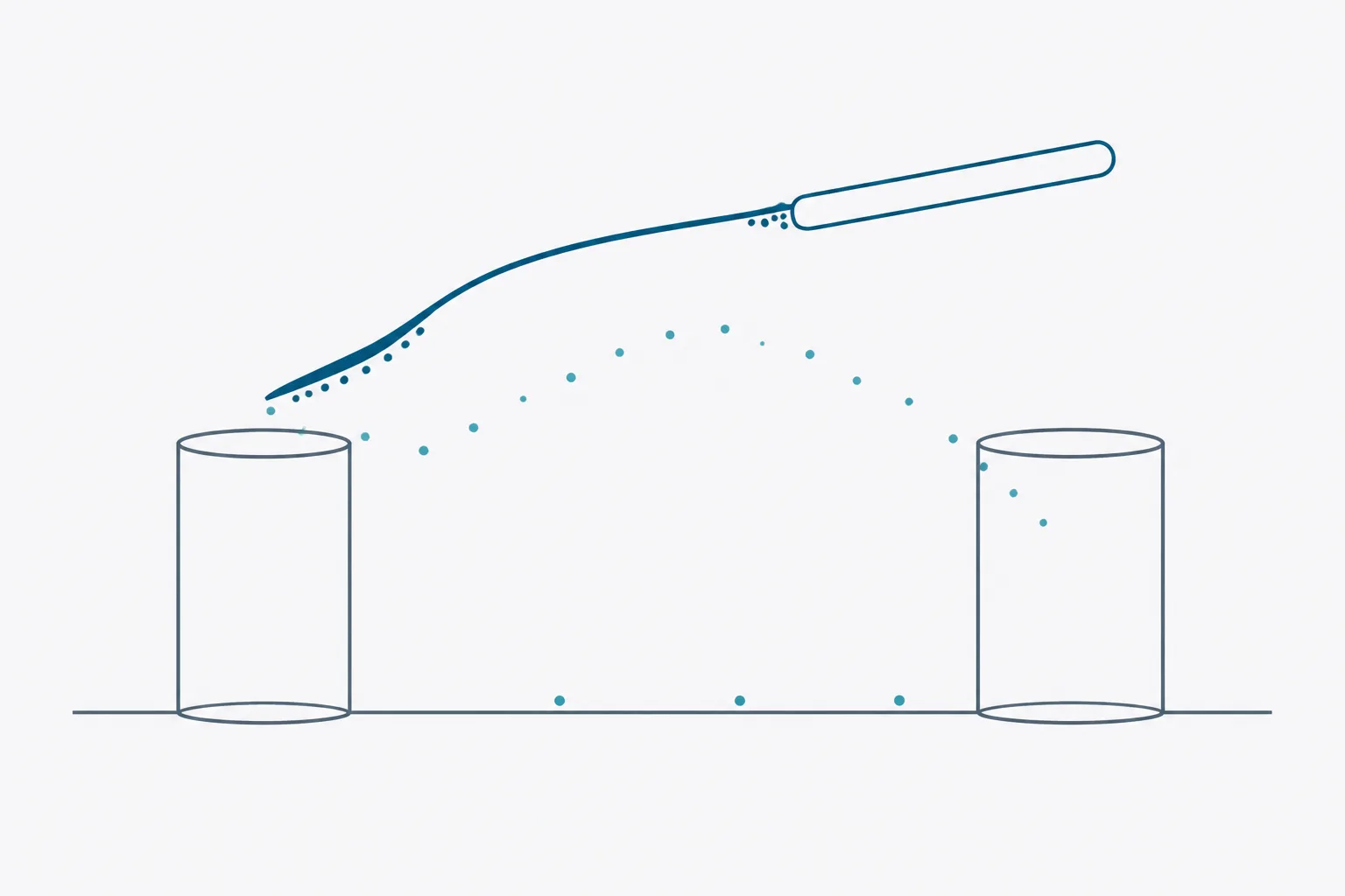 Abstract diagram of two vials on a work surface, a shared tool arcing between them carrying a residue trail, and a scatter of fine particles drifting from the first vial through empty space toward the second along a curved dotted path