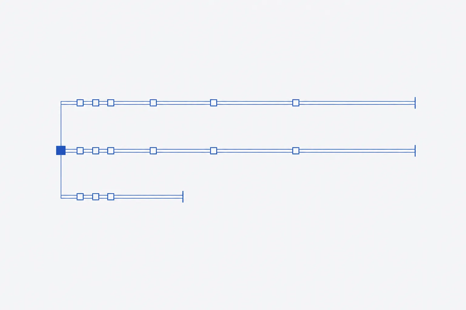 Flat schematic of a stability study layout: three horizontal lanes representing storage conditions, each carrying a row of evenly spaced markers for pull points, with a shared starting marker on the left and wider spacing towards the right on the two long lanes