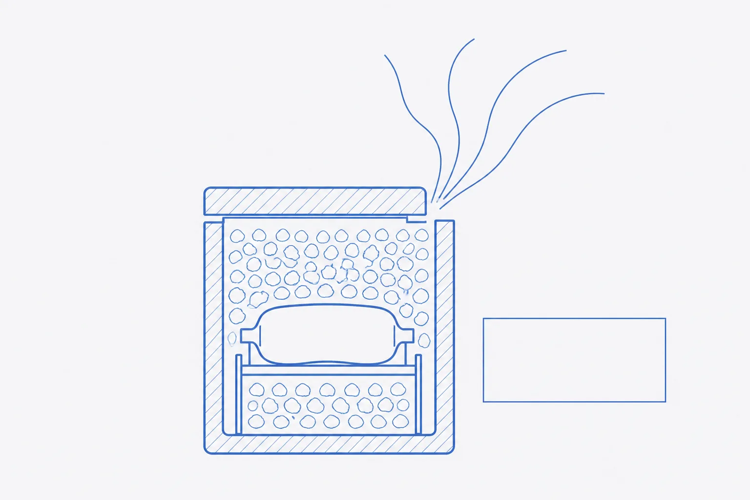 Flat schematic of an insulated box in cross-section with loose pellets packed around a central sealed pouch, a lid seated with a visible gap, and thin curved lines rising from the gap to show gas escaping