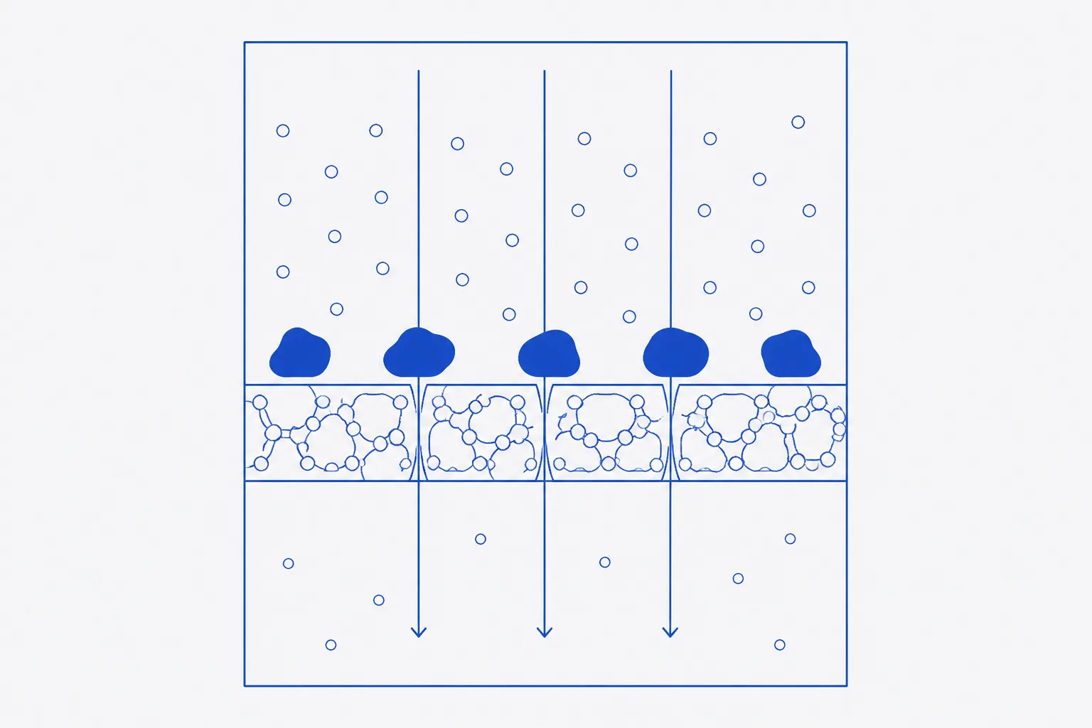 Cross-section schematic of a filter membrane: large particles held on the upper surface, small dots passing through the membrane thickness, a scatter of small dots bound inside the membrane, and a filtrate below carrying visibly fewer dots than the solution above
