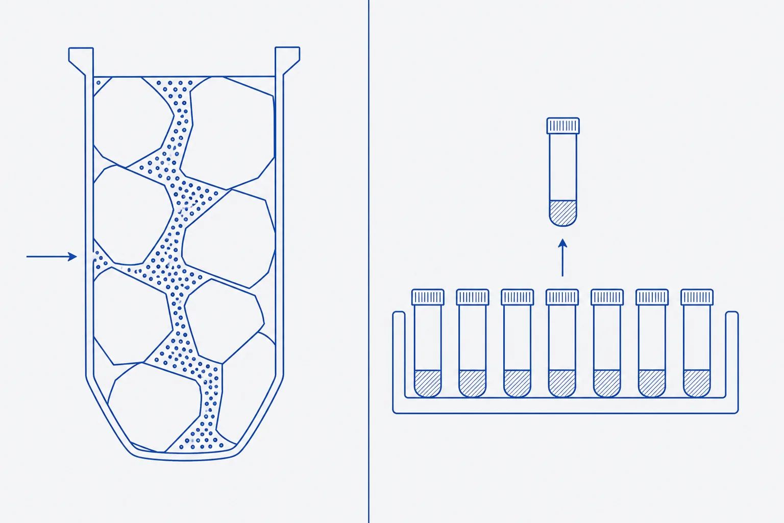 Two-panel flat schematic: left, a vessel cross-section part-frozen, with angular ice crystals filling most of the volume and a narrow winding channel of unfrozen liquid between them densely filled with dots; right, a rack of eight identical small tubes with one lifted clear of the row
