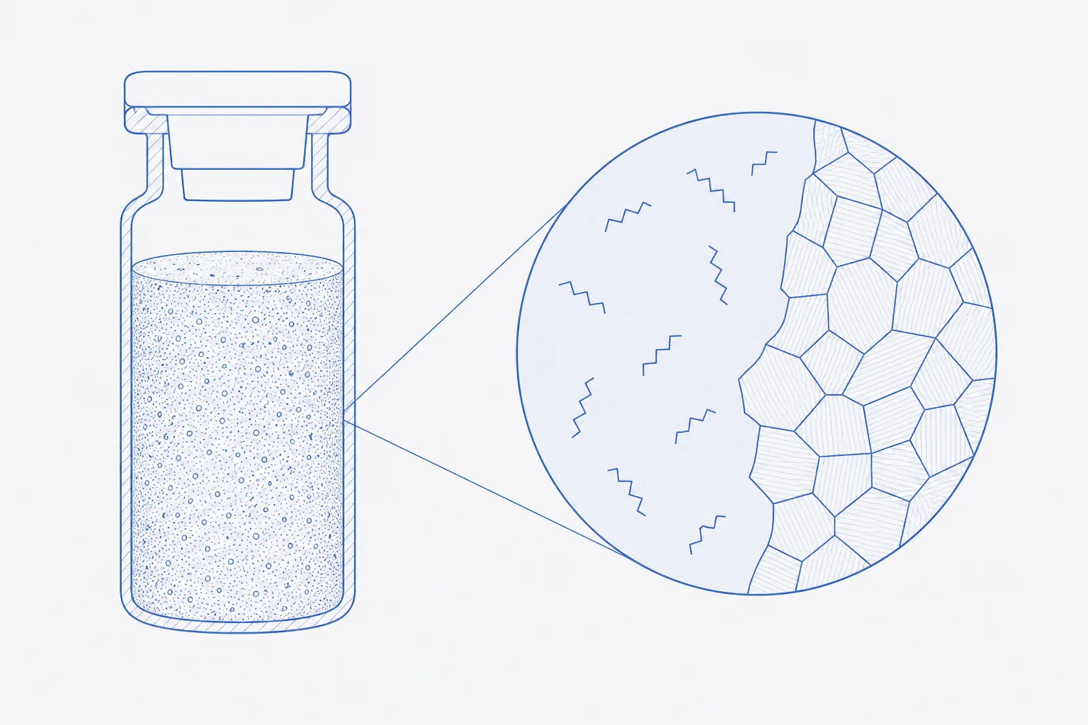 Technical cut-away diagram of a lyophilised cake inside a glass vial, with a magnified circular inset showing small zig-zag peptide shapes dispersed in a smooth amorphous sugar matrix beside a region of angular, closely packed crystals