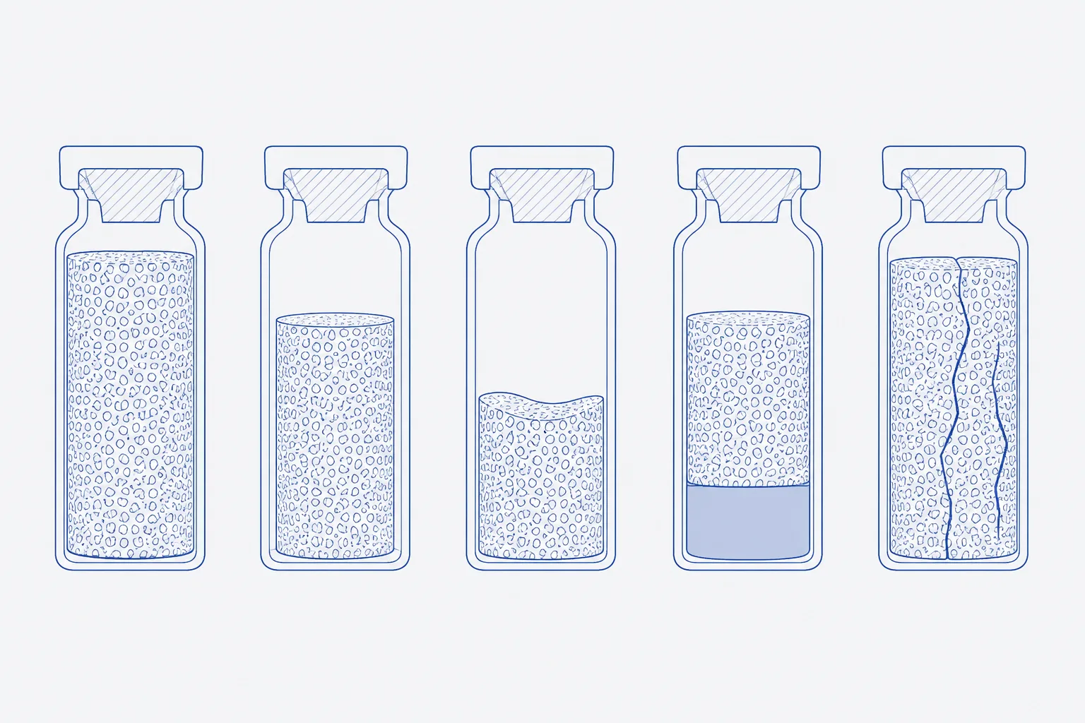 Five glass vials in a row, each holding a differently shaped dried cake: an intact full-height cylinder, a cylinder that has pulled away from the wall, a partly collapsed cake, a cake with a dense fused ring at the base, and a cracked cake