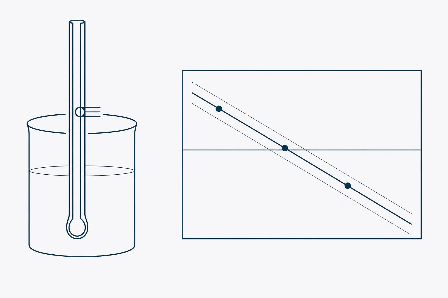 Abstract diagram of a combination pH electrode in section showing the glass membrane bulb, the internal reference column, the porous liquid junction, and a straight calibration line plotted beside it