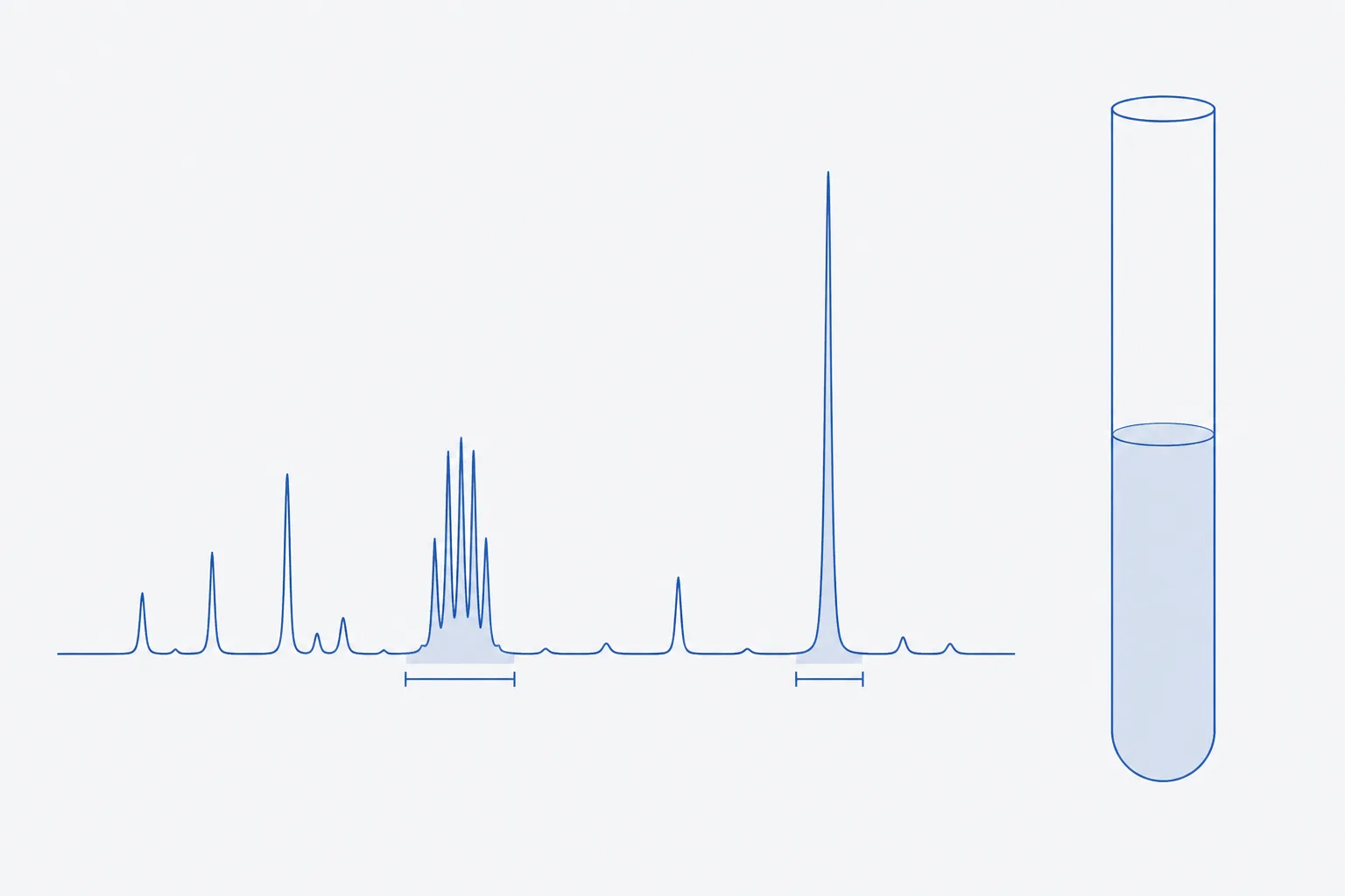 Flat technical illustration of a proton NMR spectrum with two shaded peaks, one broad group from the sample and one narrow singlet from the internal standard, beside a standing NMR tube