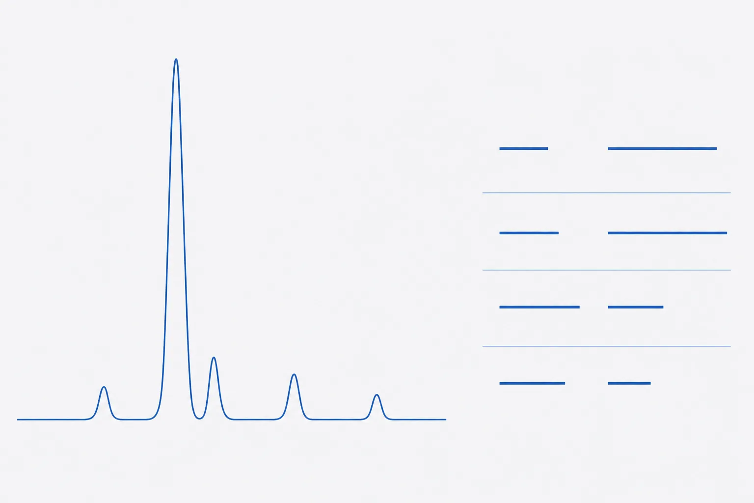 Flat technical illustration of a chromatogram trace with one tall narrow main peak and four much smaller peaks of differing heights along a baseline, beside a two-column grid of short horizontal bars in which each right-hand bar differs in length from its left-hand partner