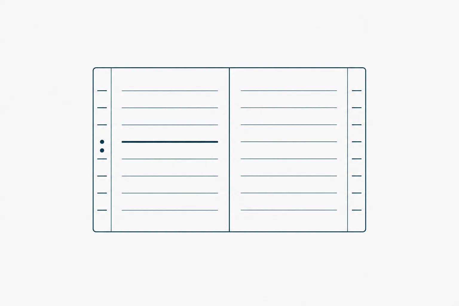 Abstract documentary diagram of an open notebook: two facing rectangular pages ruled with evenly spaced horizontal lines, one line on the left page carrying a single thin strike-through with a small mark beside it, and a narrow margin column of short ticks running down the outer edge
