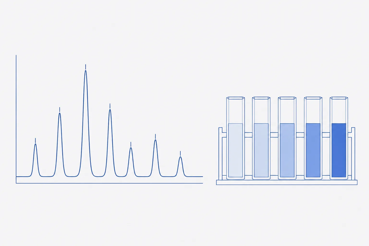Flat technical illustration of an absorbance spectrum with several narrow peaks and small tick marks at their maxima, beside a rack of five cuvettes holding liquid at increasing depth of tint