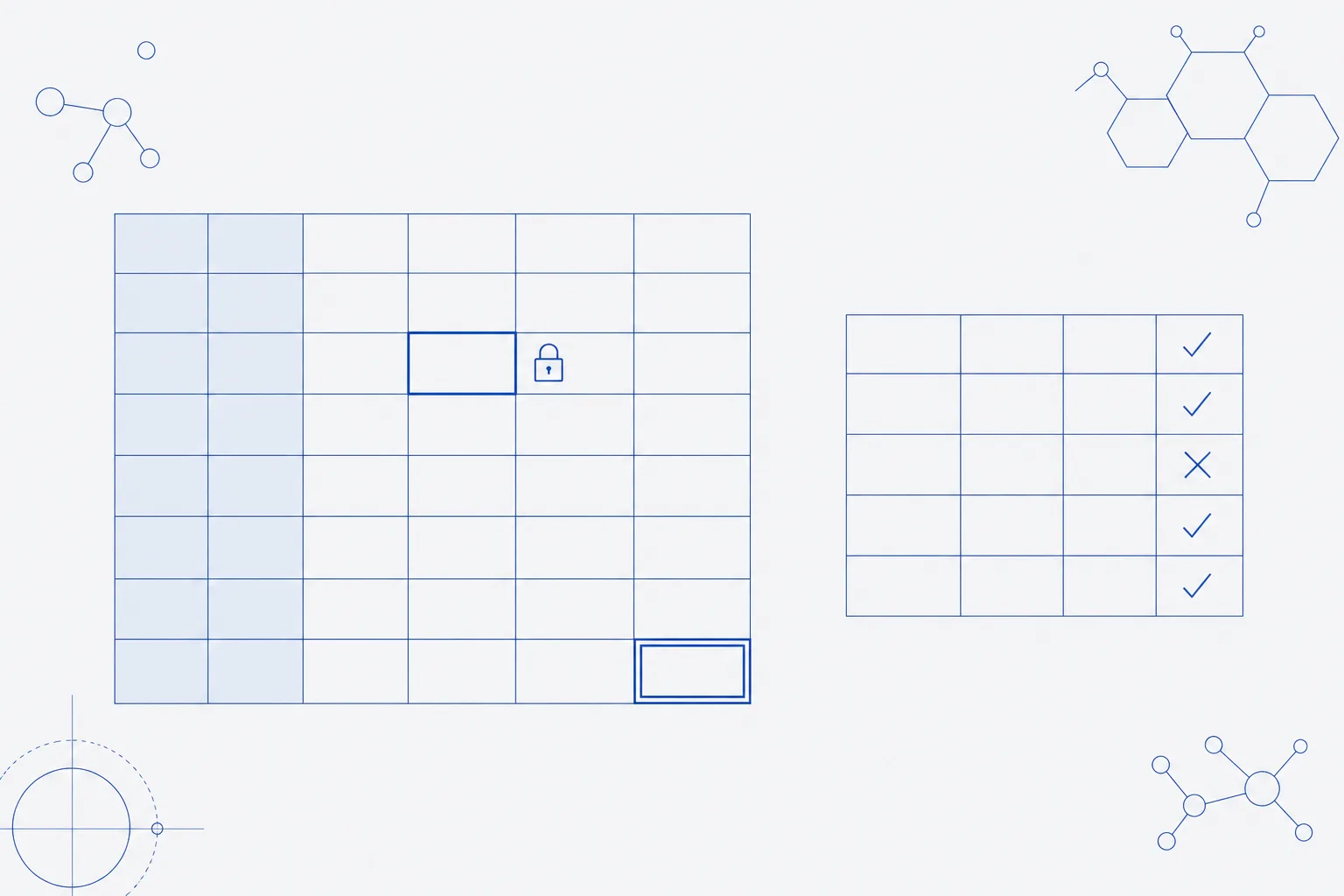 Schematic of a spreadsheet grid with a column of shaded input cells, one formula cell outlined with a lock marker, and a result cell, placed beside a small table of test cases with tick marks in the last column